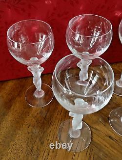 5 NUDE STEM Crystal Wine Glasses Bayel French, Frosted Stem, Art Deco 6-5/8