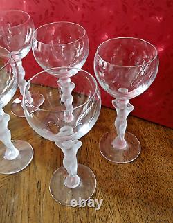 5 NUDE STEM Crystal Wine Glasses Bayel French, Frosted Stem, Art Deco 6-5/8