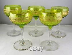 5 St. Louis Gold Encrusted Crystal Small Wine Glasses Goblets Green Bowls