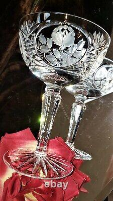 5 Vintage Crystal Champagne Wine Glasses CUT PANELED stems CUT FLOWERS Germany