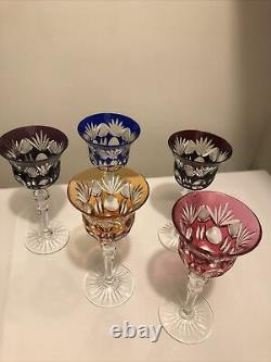 5 Vtg Bohemian color cut to clear Crystal wine glasses 8 tall