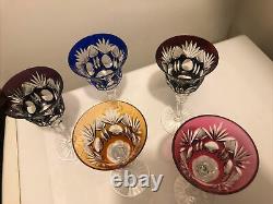 5 Vtg Bohemian color cut to clear Crystal wine glasses 8 tall
