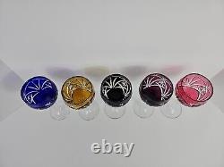 5x Vintage Czech Etched Crystal Wine Glasses Multi Colored Set 7.75