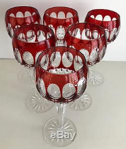 6 AJKA Corlis RUBY RED cased cut to clear Crystal 8 BALLOON Wine GOBLETS