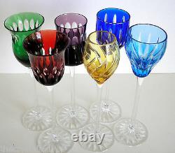 6 AJKA Design Guild multi color cased cut to clear tall wine cordials signed