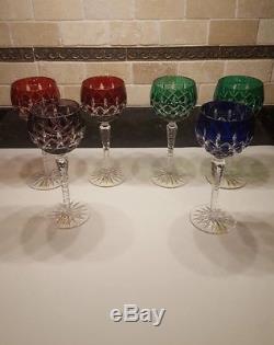 6 Ajka Crystal Arabella Goblets Wine Water Red Blue Green Cut To Clear Hock