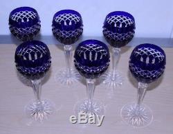 6 Ajka Hungary Cadessia Cobalt Blue & Crystal Cut to Clear Wine Glasses Goblet