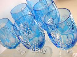 6 Ajka Marsala Azure Lt Blue Cased Cut To Clear Crystal Wine Iced Beverage