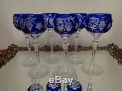 6 Ajka Marsala Blue Cut To Clear Crystal Wine Goblet Glass 8 1/4 Tall