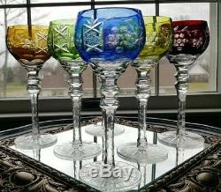 6 Ajka Marsala Crystal Cut To Clear Multicolored Wine Hock Goblets Authentic