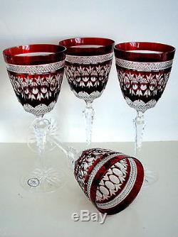 6 Ajka Parisian Ruby Red Cased Cut To Clear Lead Crystal 8 3/4 Wine Goblets