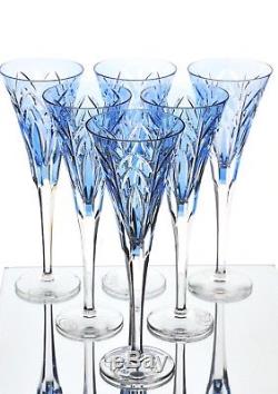 6 Ajka St Lazare Azure Blue Cut to Clear Crystal Wine Champagne Flutes New Box