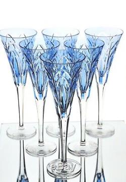 6 Ajka St Lazare Azure Blue Cut to Clear Crystal Wine Champagne Flutes New Box