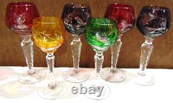 6 BOHEMIAN Cut Wine Cordial Colored Glasses Grape Four 5 3/8 & Two 4 3/4 High