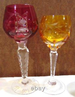 6 BOHEMIAN Cut Wine Cordial Colored Glasses Grape Four 5 3/8 & Two 4 3/4 High