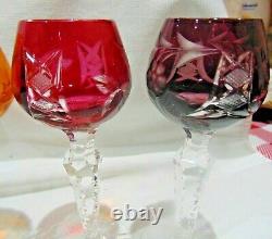 6 BOHEMIAN Cut Wine Cordial Colored Glasses Grape Four 5 3/8 & Two 4 3/4 High