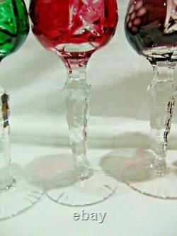 6 BOHEMIAN Cut Wine Cordial Colored Glasses Grape Four 5 3/8 & Two 4 3/4 High
