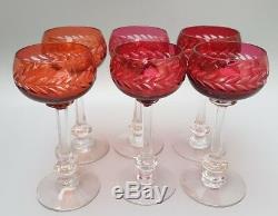 6 Bohemia Crystal Cut Glass Ruby Red & Clear 6 Oz Wine Hock Glasses- 6 3/4 Tall