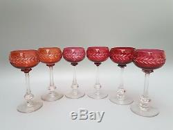 6 Bohemia Crystal Cut Glass Ruby Red & Clear 6 Oz Wine Hock Glasses- 6 3/4 Tall
