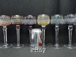 6 Bohemian 8 1/4in Colored Cut Crystal Long Stem Wine Hock Glasses