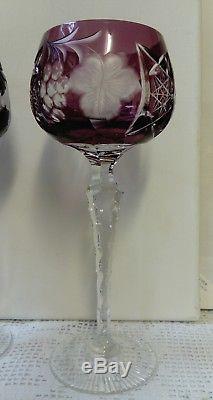 6 Bohemian Ajka Marsala Harlequin Crystal Wine Glasses Cut To Clear, Facet Stems