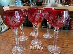 6 Bohemian Crystal Ruby Red Cut to Clear Wine Goblet Glasses RARE Cranberry