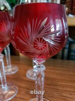 6 Bohemian Crystal Ruby Red Cut to Clear Wine Goblet Glasses RARE Cranberry
