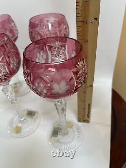 6 Bohemian Crystal Wine Glasses Cut To Clear Glass Ruby Red Hock Goblet 8.25