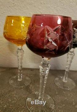 6 Bohemian Crystal Wine Glasses- Multicolor Glasses-Cut to Clear-Excellent Cond