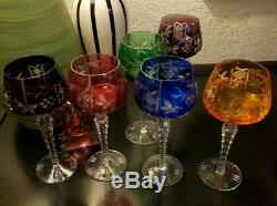 6 Bohemian Crystal Wine Glasses- Multicolor Glasses-Cut to Clear-Excellent Cond