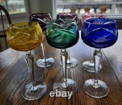 6 Bohemian Cut To Clear Crystal Wine Hocks 7.5'' Etched Bird
