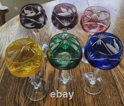 6 Bohemian Cut To Clear Crystal Wine Hocks 7.5'' Etched Bird