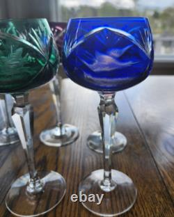 6 Bohemian Cut To Clear Crystal Wine Hocks 7.5'' Etched Bird