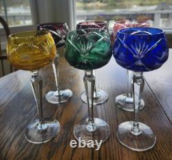 6 Bohemian Cut To Clear Crystal Wine Hocks 7.5'' Etched Bird