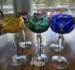 6 Bohemian Cut To Clear Crystal Wine Hocks 7.5'' Etched Bird