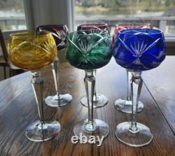 6 Bohemian Cut To Clear Crystal Wine Hocks 7.5'' Etched Bird