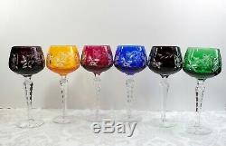 6 Bohemian Cut to Clear Crystal Wine Goblets Grape & Leaf Design