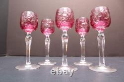 6 Bohemian Czech Cut To Clear Crystal Cordial Wine Cocktail Glasses Cranberry