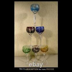 6 Bohemian Czech Multi Color Cut to Clear Crystal Wine Hock Glasses 7H