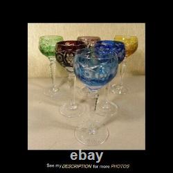 6 Bohemian Czech Multi Color Cut to Clear Crystal Wine Hock Glasses 7H
