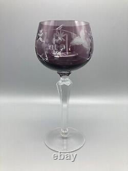 6 Bohemian Purple Cut To Clear Crystal Balloon Hock Wine Glasses 8h