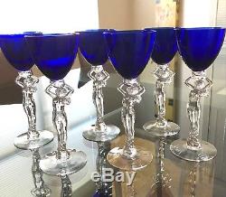 6 Cambridge Crystal Nude Stems, Claret Wine Glass 7-3/4 Royal Cobalt Blue