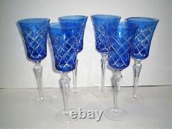 6 Cobalt Blue Cut to Clear Crystal Wine Glasses 11 Tall Stemware Czech Bohemian