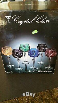 6 Colored Cut To Clear Crystal 8 Large WINE Glasses NIB