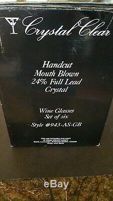 6 Colored Cut To Clear Crystal 8 Large WINE Glasses NIB
