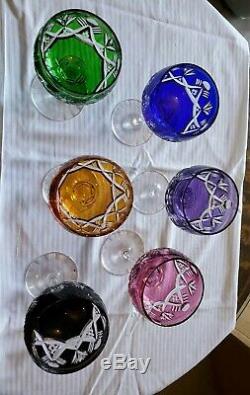 6 Colors European Cut To Clear Bohemian Crystal Wine Hocks / Glasses Stemware
