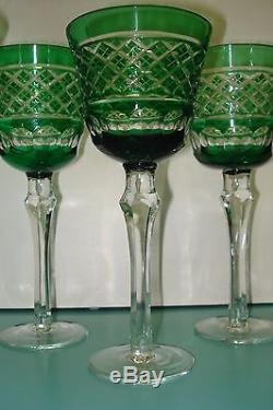 6 Crystal cut Glass Emerald green bohemian hock Red / White wine Goblet glasses