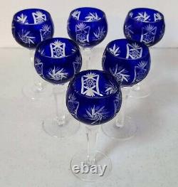6 Czech Bohemian Crystal Hock Sherry Glasses Cobalt Blue Cut To Clear Old 5 1/2