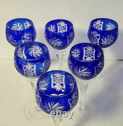6 Czech Bohemian Crystal Hock Wine Glasses Cobalt Blue Cut To Clear, Old 8 1/8