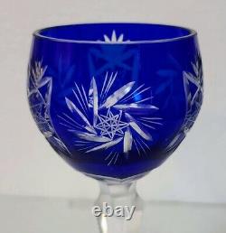 6 Czech Bohemian Crystal Hock Wine Glasses Cobalt Blue Cut To Clear, Old 8 1/8